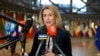 FILE - European Union foreign policy chief Kaja Kallas speaks with the media as she arrives for a meeting of EU foreign ministers at the European Council building in Brussels, Jan. 27, 2025. 