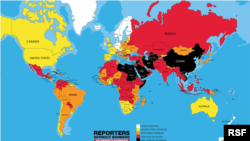 'رپورٹرز ود آؤٹ بارڈرز' کی جانب سے جاری کردہ نقشہ جس میں رنگوں کی مدد سے دنیا کے مختلف ملکوں میں آزادیٔ صحافت کی صورتِ حال کی عکاسی کی گئی ہے۔