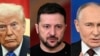 This combination of pictures created Feb. 12, 2025 shows, from left, U.S. President Donald Trump on Feb. 7, 2025; Ukraine's President Volodymyr Zelenskyy on Dec. 19, 2024; and Russian President Vladimir Putin on Dec. 19, 2024.